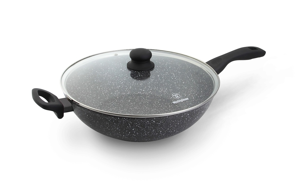 Westinghouse wok de aluminio forjado con tapa de vidrio acabado marmol negro con puntos blancos 32 cm - WCCW0009032MBB