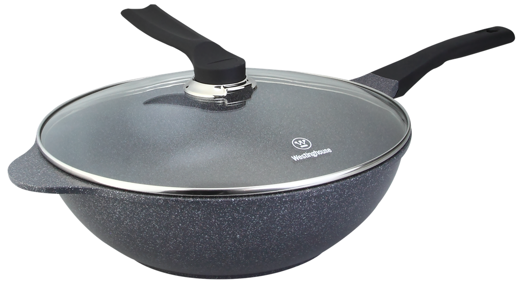 Westinghouse wok de aluminio forjado con tapa de vidrio acabado marmol negro con puntos blancos 32 cm - WCCW2008032CMG